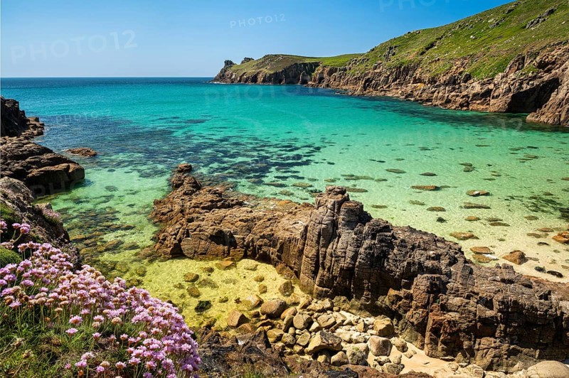 Coastal landscape. sandy beach beach and rocks in Nanjizal Bay or Nanjizal Beach. Beach carnations (Armeria maritima) in bloom in the foreground. St Just, Penzance, Cornwall, England, Great Britain