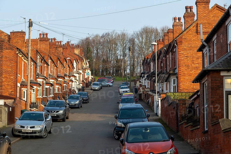 Victorian terraced housing with small front gardens, Fairfield Street, inner city of Lincoln, Lincolnshire, England, UK