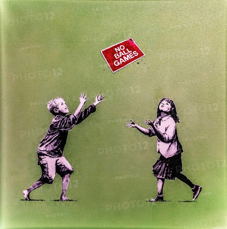 Banksy - No Ball Games, children obey and break the rules at the same time, 2009, Tottenham, London, UK, exhibition The World of Banksy