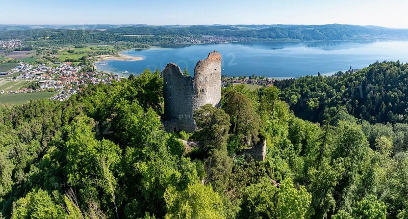 Aerial view, panorama of Lake Constance with the ruins of Altbodman, Bodman-Ludwigshafen, district of Constance, Baden-Württemberg, Germany
