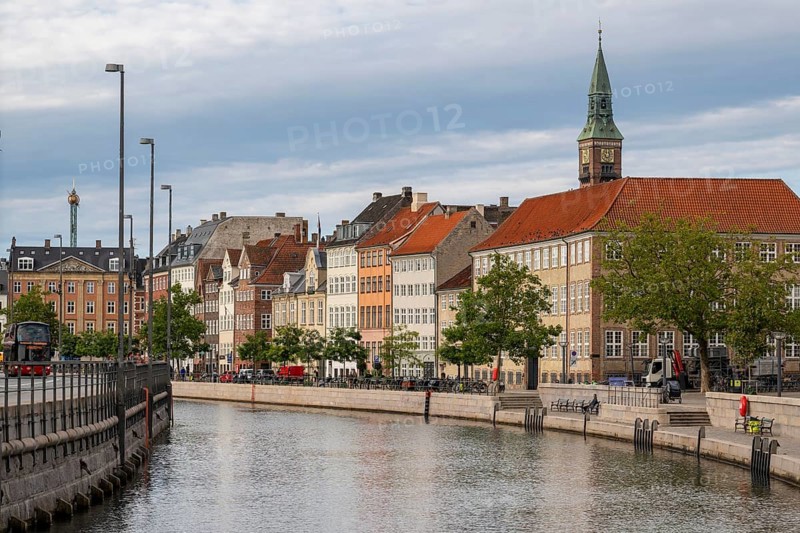 View from the bridge Højbro, Slotsholm Canal, Gammel Strand, to houses at Nybrogade, Copenhagen, Denmark
