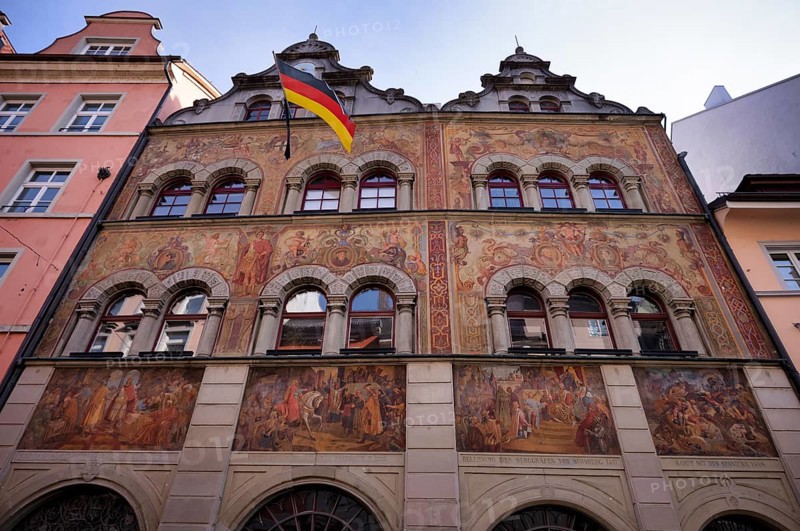 Wall paintings on the exterior façade, German flag, town hall, Constance, Baden-Württemberg, Germany