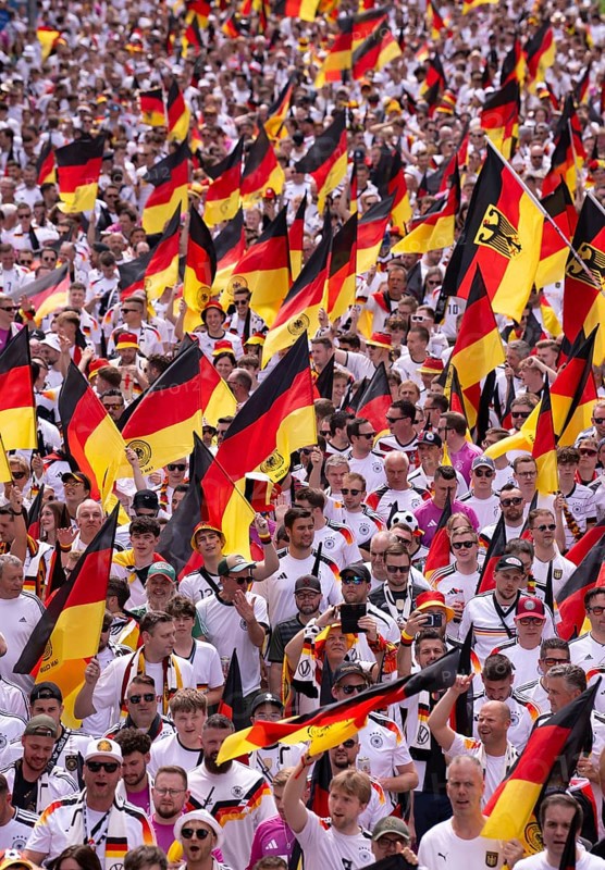 Fan march, German football fans march to the quarter-final Spain versus Germany, UEFA EURO 2024, European Championship, flags, sea of flags, atmosphere, atmospheric, fan club DFB, German Football Association, B14, Cannstatter Straße, Stuttgart, Baden-Württemberg, Germany