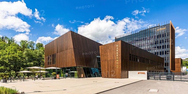 Exterior view of Stihl brand world, museum with café, Stihl AG, Waiblingen, Baden-Württemberg, Germany