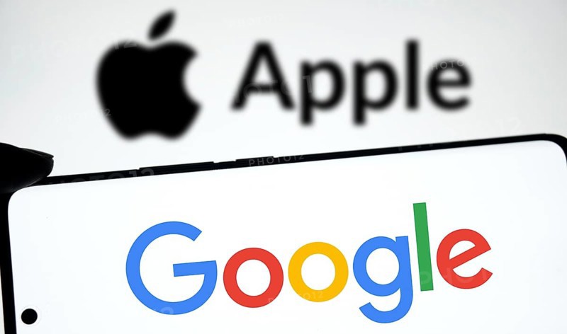 Google logo is displayed on smartphone and Apple logo on the background.