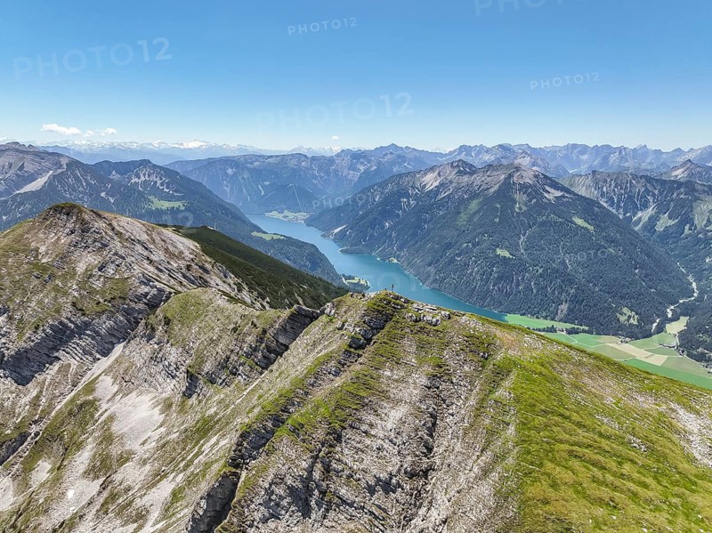Aerial view, summit ridge of the Unnütz, behind Achensee and Seekarspitze, Unnütz crossing, Brandenberg Alps, Tyrol, Austria