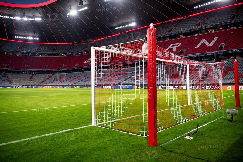 Evening match Allianz Arena, interior, illuminated, Tor tor, lettering FC Bayern Munich, blue hour, UEFA Champions League Allianz Arena, Munich, Bavaria, Germany
