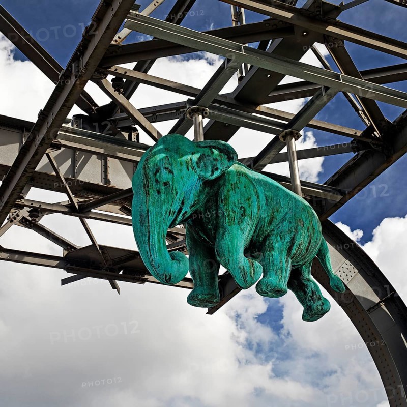 Elephant sculpture on an arch of the Wuppertal suspension railway, artist Jörg Mazur, LVR Industrial Museum, Oberhausen, Germany