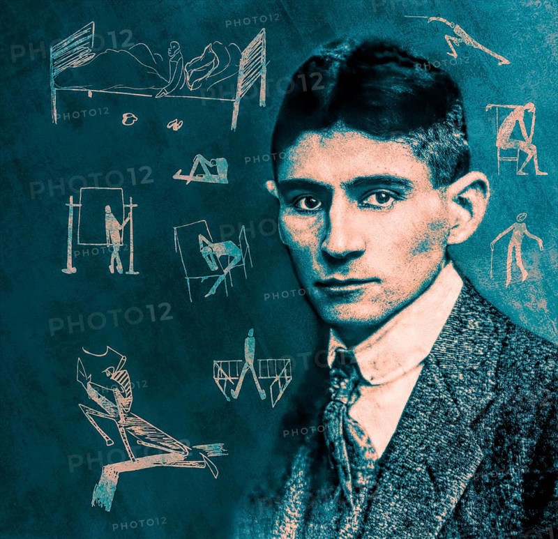 Portrait and a drawing of Franz Kafka, German-speaking Bohemian novelist, digitally edited according to a photograph