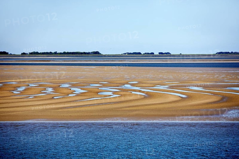 Schleswig-Holstein Wadden Sea National Park at low tide with sandbanks and mainland, North Frisia, Germany
