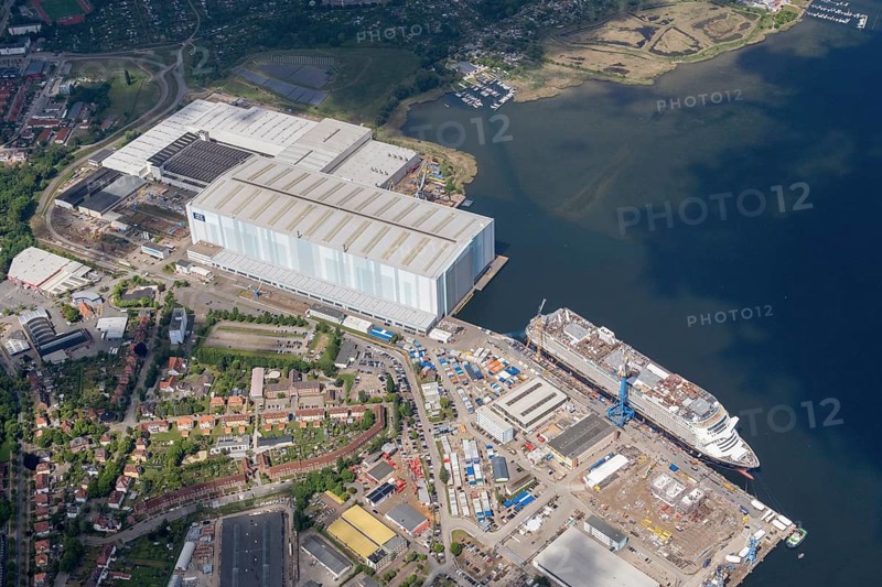 Cruise ship, Disney Adventure, shipyard hall, MV Werft, Germany, Mecklenburg-Western Pomerania, Wismar, harbour, shipyard, industry, shipbuilding, aerial view, Thyssenkrupp, Marine System, Meyer Wismar