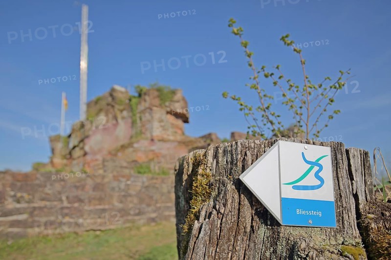 Hiking trail Bliessteig, symbol, sign, signpost, signpost, hiking, hiking, tree stump, rock, depth of field, blur, castle ruins Hohenburg, Schlossberg, Homburg, Saarland, Germany