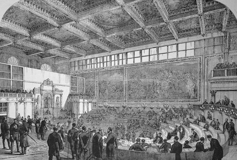 The Parliament in Florence in the Hall of the Five Hundred, Sala dei Cinquecento, in the Palazzo Vecchio, 1869, Italy, Historical, digitally restored, digitally restored reproduction of a 19th-century originalReproduction of a 19th-century original