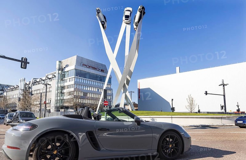 Inspiration 911 artwork by Gerry Judah: three steles, each up to 24 metres high, presenting a Porsche 911. Sports car in front of the company headquarters at Porscheplatz. Zuffenhausen, Stuttgart, Baden-Württemberg, Germany