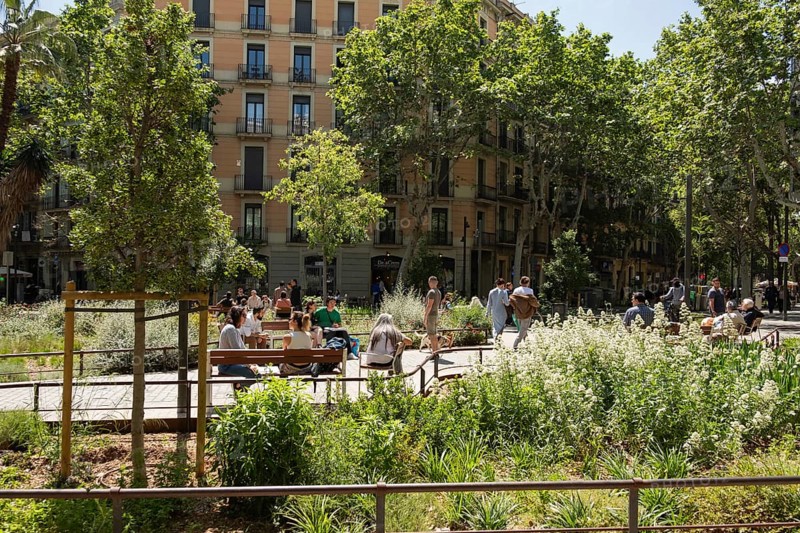 The Eixample superblock, car-free and pedestrianised area in the centre of Barcelona, Spain