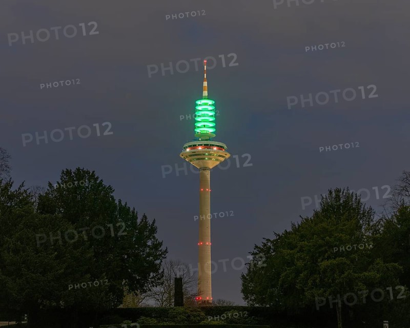 Green illuminated Europe Tower (Frankfurt asparagus) for the Day of Children's Hospice Work, Westend-Nord, Frankfurt am Main, Hesse, Germany