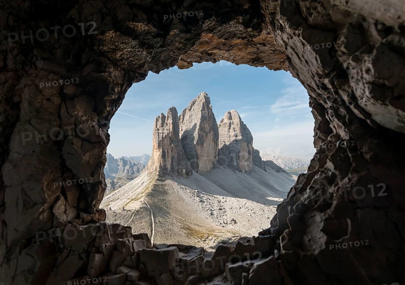 View from war tunnel, via ferrata to the Paternkofel, north walls of the Three Peaks, Sesto Dolomites, South Tyrol, Italy