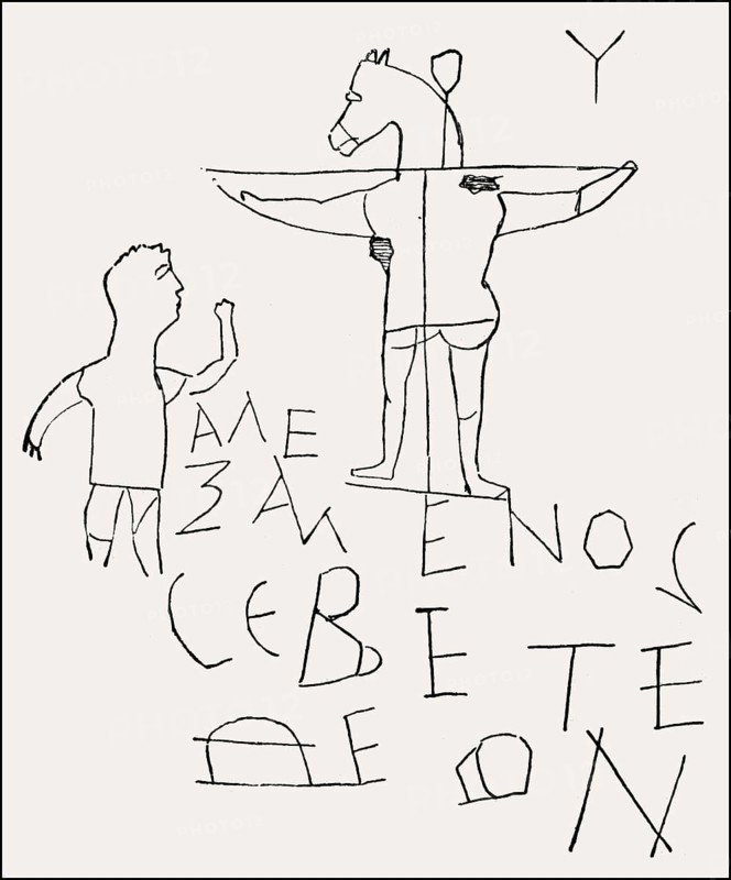 The Alexamenos graffito, Roman graffiti scratched in a wall, ancient Rome, third century