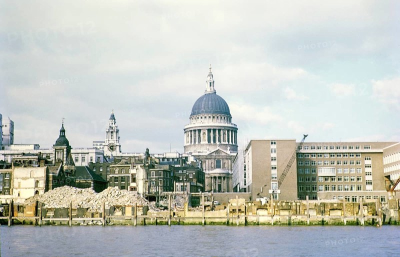 St Paul's Cathedral as seen from the Thames during the renovation work, London, England, UK 1969
