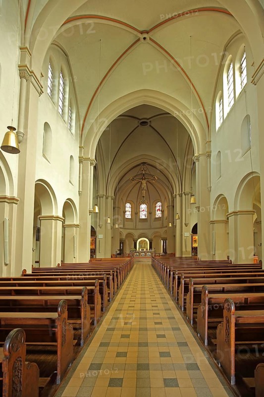 Interior view of the Mission House Church built in 1905, empty pews, Arnold-Janssen-Gymnasium, Sankt Wendel