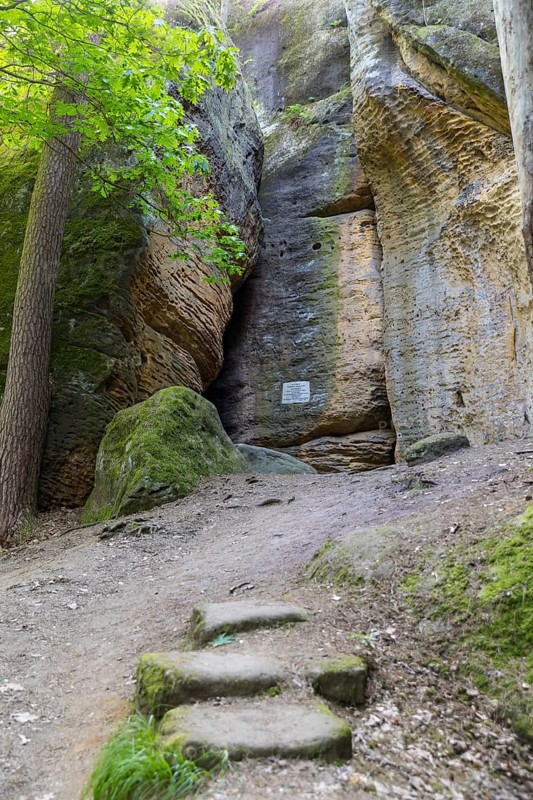 Rocky landscape at the Diebskeller or Götzinger Cave at the Kleiner Bärenstein, Thürmsdorf, Struppen, Saxon Switzerland, Saxony, Germany