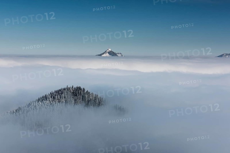 Snow-covered peak of Mt Grünten above the layer of fog, Ofterschwang, Oberallgäu district, Bavaria, Germany