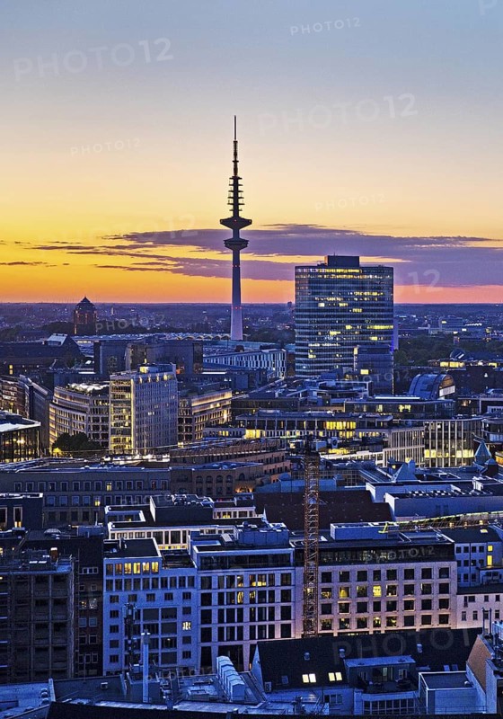 City view from above with the Heinrich Hertz Tower at atmospheric sunset, Hamburg, Germany
