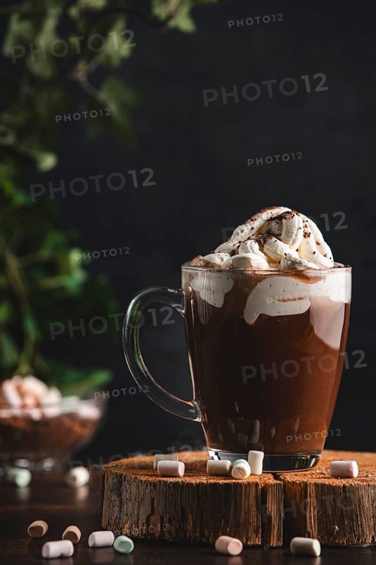 Hot chocolate with whipped cream and cocoa powder on a wooden board with marshmallows in a cosy atmosphere