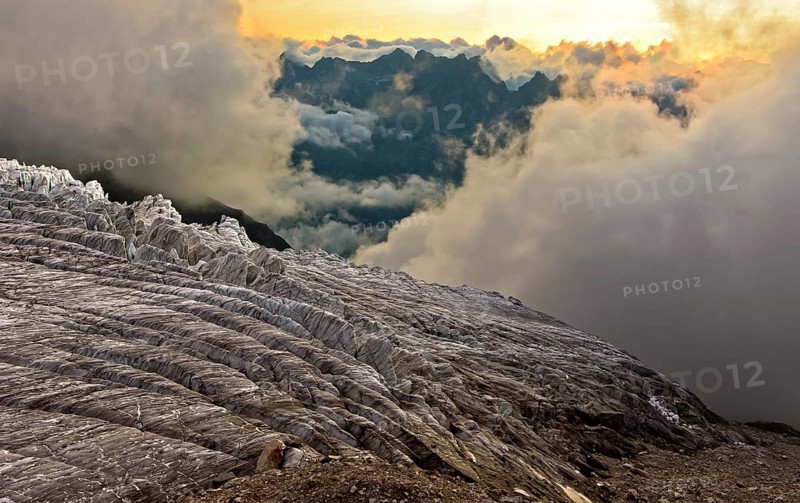 Clouds on the Glacier du Tour glacier, evening light, Chamonix, Savoy, France