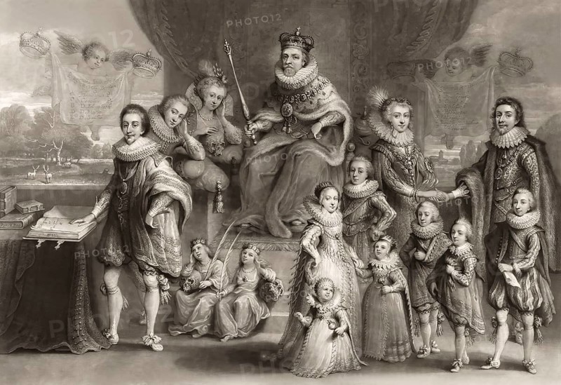 James VI and I, James Charles Stuart, 1566 – 1625, King of England, with his family and his Royal Progeny, together with Mother Anna, brother Hendrik Frederik, sisters Maria and Sophia, Elizabeth Stuart, Frederik V of the Palatinate, children, digitally edited