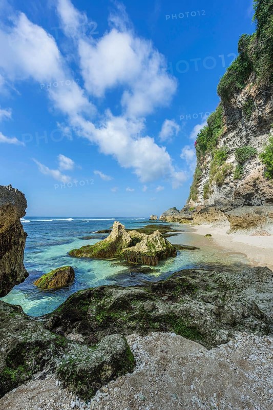 Sea, beach, water, rock, nature, landscape, coast, travel, holiday, tourism, beach holiday, seascape, seascape, cliffs, faraway, pacific, sky, ocean, blue, summer, island, coastline, lake, beautiful, tropical, holiday cliché, dream holiday, idyll, idyllic, bay, cove, picturesque, empty, nobody, Suluban beach, Uluwatu, Bali, Indonesia