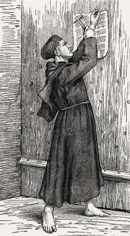 Martin Luther nailing his 95 theses on the door of the castle church of Wittenberg