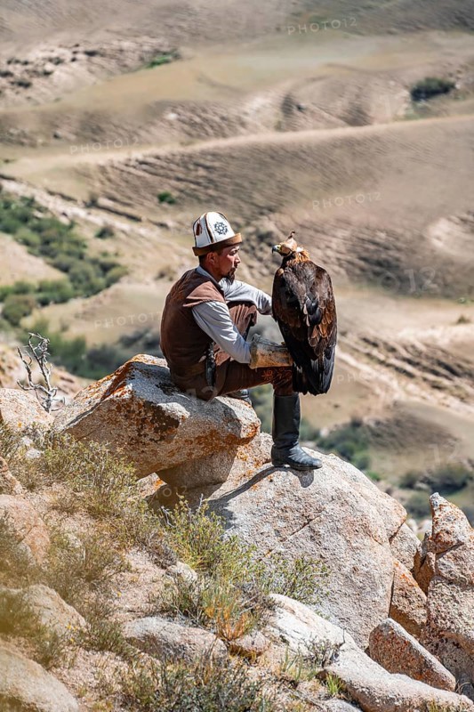 Traditional Kyrgyz eagle hunter hunting in the mountains in a dry landscape, near Kysyl-Suu, Issyk Kul, Kyrgyzstan