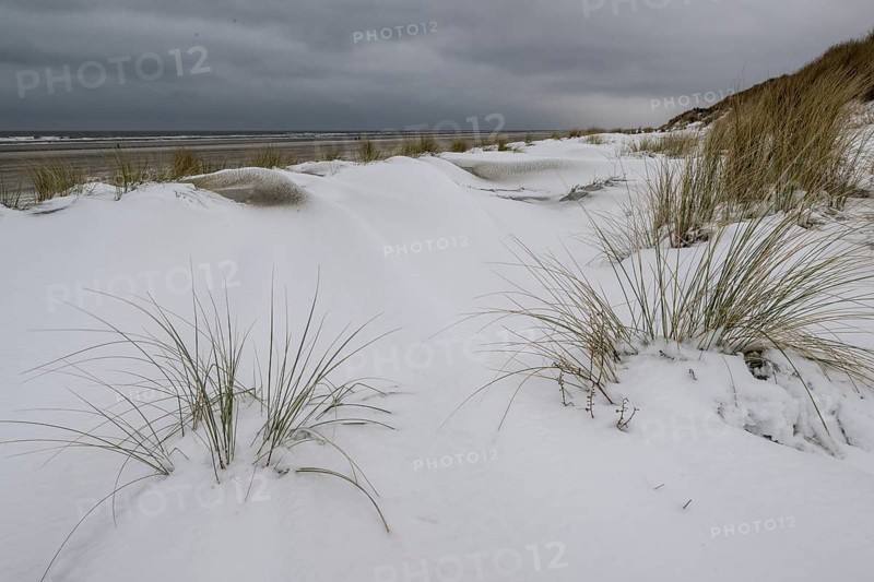 Snow-covered dunes on the North Sea, Langeoog, Lower Saxony, Germany