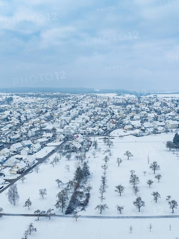 Snowy cityscape with many trees, under a cloudy sky, Deckenpfronn, Böblingen district, Germany