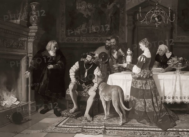 Jakob Fugger burning the debenture bonds of Emperor Charles V at the Fuggers' House, Augsburg, 1535, digitally edited according to a painting by Karl Becker