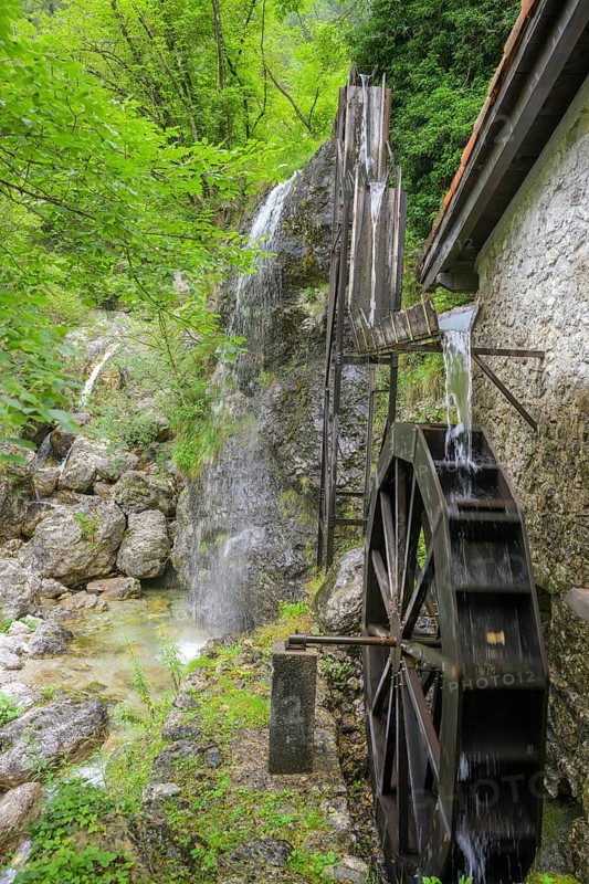 Mill wheel and waterfall at the old mill, Tramonti di Sopra, Province of Pordenone, Italy