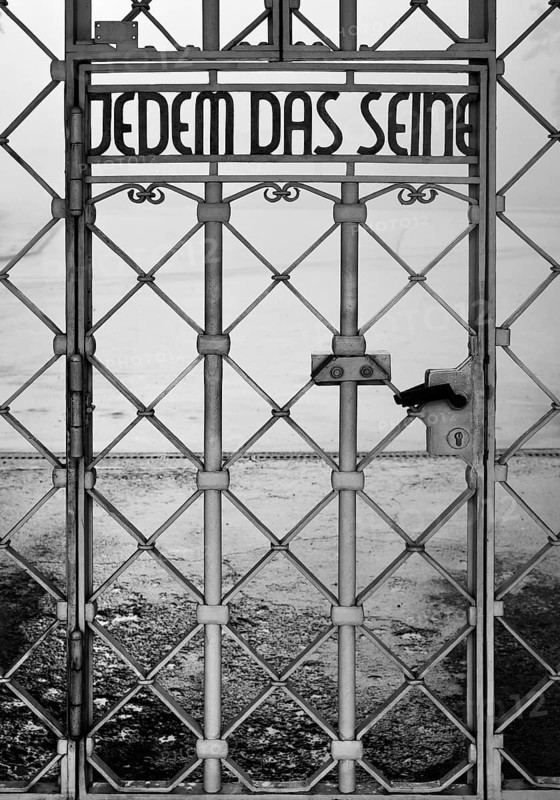 Tor tor to the beech forest concentration camp with the slogan Jedem das Seine on the entrance gate, Weimar, Thuringia, Germany