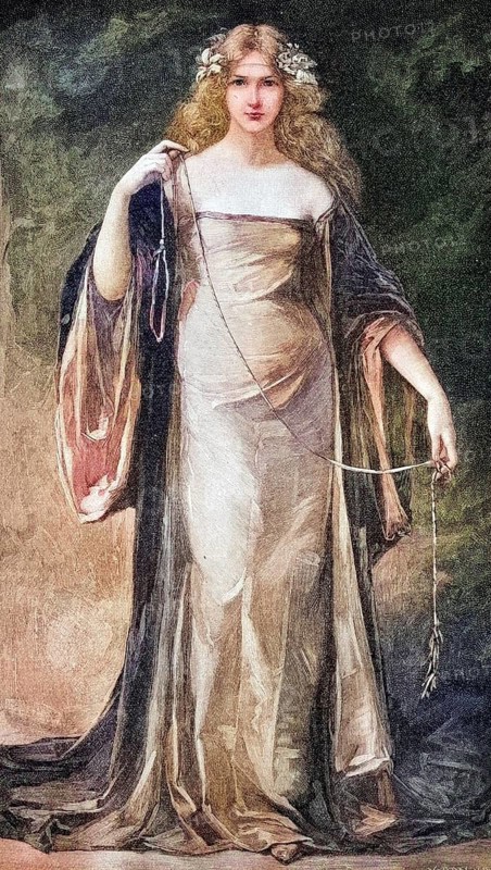 Joan I of Anjou, Giovanna d'Angi, Queen of Naples, 1326, 1382, coloured wood engraving, reproduction from a model from ca 1888, Historical, An elegant woman in a medieval dress with a wreath of flowers in her hair
