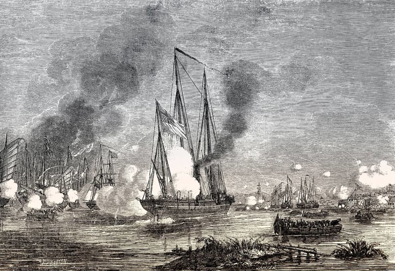 Naval Battle between the English Navy and Chinese junk ships, Second Opium War, 1857
