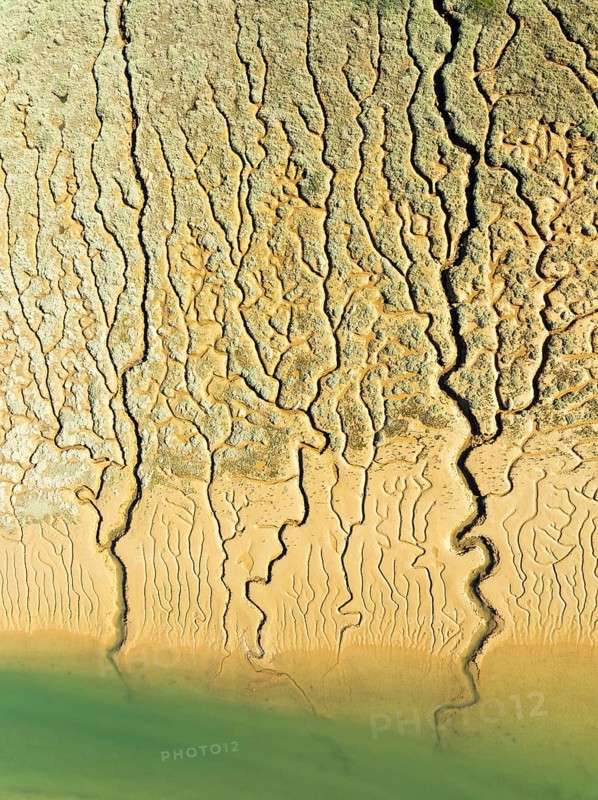 Network of channels and streams at low tide. In the marshland adjacent to the Odiel river. Aerial view. Drone shot. Huelva province, Andalusia, Spain