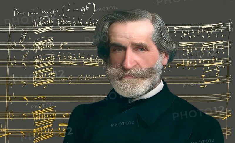 Giuseppe Verdi, 1813 – 1901, Italian opera composer, autograph notesheet from Don Carlos, digitally edited after a painting of Giovanni Boldini