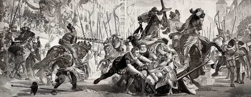 Knight tournament at the market square in Munich, the marriage of William V, Duke of Bavaria, called the Pious, and Renata of Lorraine