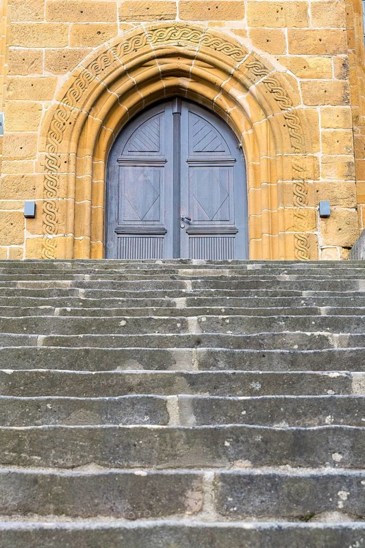 Long and wide staircase to the Gügelkirche St. Pankratius on the Gügel near Scheßlitz, Upper Franconia, Bavaria, Germany