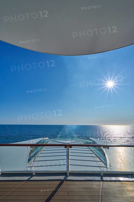 View from the ship's deck, Mein Schiff 6, of the vast sea under bright sunshine and blue skies, North Sea, Norway