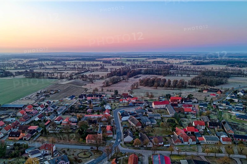 Morning atmosphere on a cold winter day in the countryside in the UNESCO Drömling Biosphere Reserve in the Altmark. aerial view. Dannenfeld, Gardelegen, Saxony-Anhalt, Germany