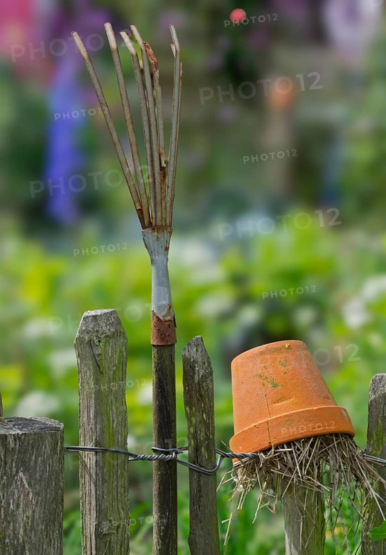 Nesting aid for earwigs, insects, clay pot with straw, rake on a wooden garden fence, Münsterland, North Rhine-Westphalia, Germany