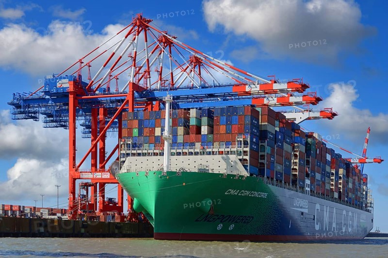 The container ship CMA CGM Concorde in JadeWeserPort unloading the containers., LNG container ship, liquefied gas, sails under the French flag, Wilhelmshaven, Lower Saxony