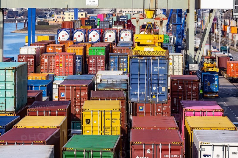 The port of Mannheim is one of the most important inland ports in Europe. The harbor basins stretch across the Rhine and Neckar. Container terminal in Mühlauhafen. Mannheim, Baden-Württemberg, Germany