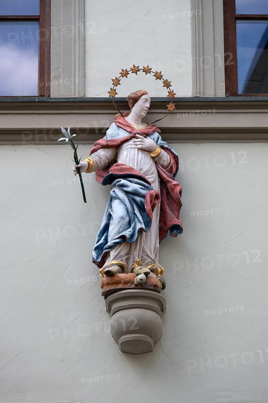 Figure of a saint on a town house, Bad Kissingen, Lower Franconia, Bavaria, Germany